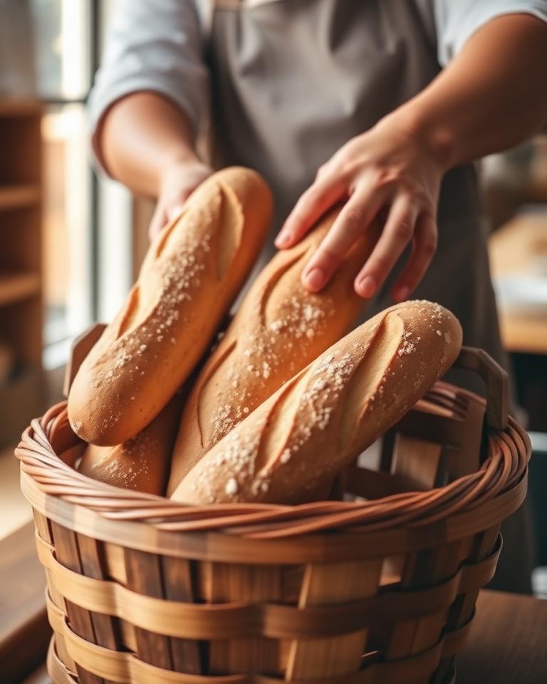 Mains d'un artisan boulanger déposant des baguettes chaudes dans un panier en osier
