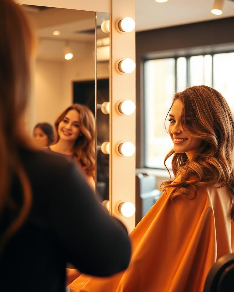 Cliente souriante devant le miroir d'un salon de coiffure après sa coupe